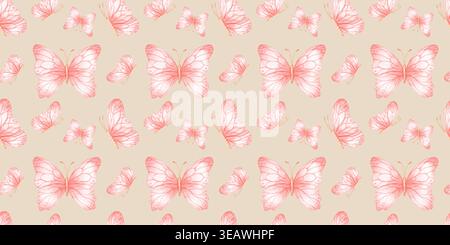 Papillons roses volant dans différentes directions sur fond beige. Motif aquarelle sans couture pour textile, papier d'emballage, papier peint et pépinière de Banque D'Images