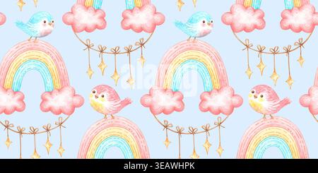 Arcs-en-ciel pastel, petits oiseaux assis sur des arcs, nuages roses doux et guirlandes d'étoiles suspendues sur un fond bleu, motif aquarelle sans couture. Mignon rêveur Banque D'Images