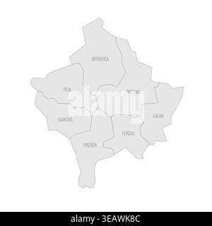 Carte politique du Kosovo des divisions administratives - districts. Carte grise avec contour noir fin et étiquettes. Illustration de Vecteur