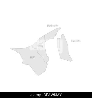 Brunei carte politique des divisions administratives - districts. Carte grise avec contour noir fin et étiquettes. Illustration de Vecteur