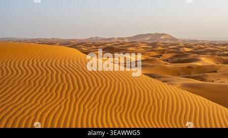 De vastes dunes de sable remplissent le paysage de l'Erg Chebbi, près de Merzouga, au Maroc. Le soleil projette des ombres sur la surface ondulée du sable, créant des motifs dans toute la région. Banque D'Images
