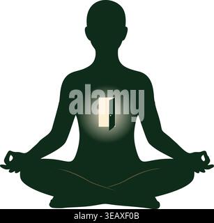 Silhouette d'une personne méditante dans la pose du lotus avec une porte ouverte incandescente dans la poitrine représentant l'éveil spirituel et vecteur de découverte intérieure Illustration de Vecteur