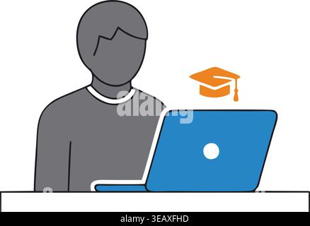 Illustration vectorielle de concept d'éducation en ligne montrant un étudiant étudiant sur un ordinateur portable avec une icône de chapeau de graduation représentant l'apprentissage à distance Illustration de Vecteur