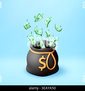 Sac d'argent 3D avec des billets de banque en dollars tombant Illustration de Vecteur