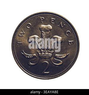 Vintage Looking Pound coin - monnaie de 2 pence du Royaume-Uni isolé sur fond blanc Banque D'Images