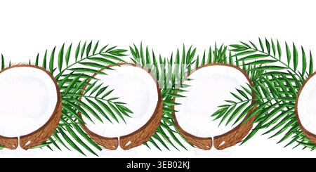 Bordure transparente aquarelle de noix de coco tropicale avec des moitiés de noix de coco et des feuilles de palmier vertes. Vacances de plage d'été répétition illustration de frontière pour wallpap Banque D'Images