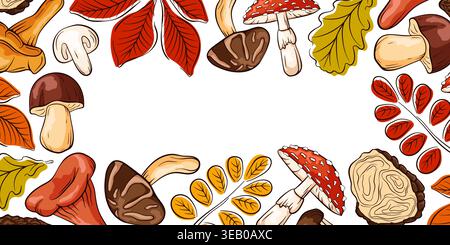 Champignon dessiné à la main et cadre de feuille. Éléments de nature de saison d'automne pour carte de voeux, bannière, affiche, conception d'invitation dans le style de dessin animé. Illustration de Vecteur