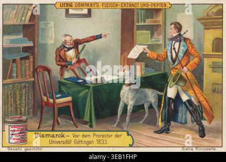 Série d'images : images de la vie d'Otto von Bismarck, une représentation de Bismarck comme un jeune étudiant en 1833, apparaissant devant le Pro-Recteur de l'Université de Göttingen, Liebig image, a restauré numériquement la reproduction d'une image de collectionneur d'environ 1900, date exacte inconnue Banque D'Images