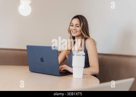 Femme utilisant l'ordinateur pacifiquement. Jeune femme dans un environnement tranquille utilisant son ordinateur portable attentivement. Jeune femme travaillant paisiblement sur son ordinateur portable Banque D'Images