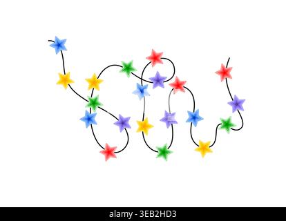 Guirlande de cordes bouclées de lumières multicolores colorées de Noël, illustration vectorielle dessinée à la main de doodle, image saisonnière de dessin animé plat pour les vacances d'hiver du nouvel an, conception d'événements d'anniversaire Illustration de Vecteur