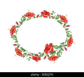 Fleurs d'hibiscus rouge, branches et bourgeons dans une belle carte de voeux aquarelle. Plante à fleurs tropicales dessinée à la main pour les dessins botaniques. Banque D'Images