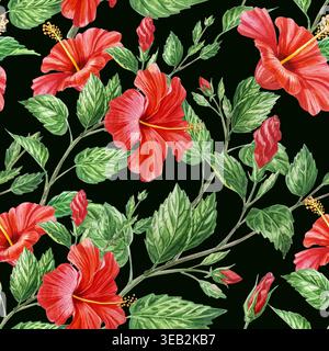 Fleurs d'hibiscus rouge, branches et feuilles dans un beau motif aquarelle sans couture. Plante de floraison tropicale dessinée à la main pour papier peint et textile Banque D'Images