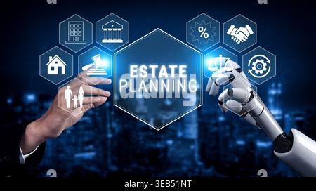 Collaboration humaine et robotisée dans la planification immobilière avec des icônes numériques représentant les concepts et services clés dans un environnement d'affaires moderne Quark. Banque D'Images