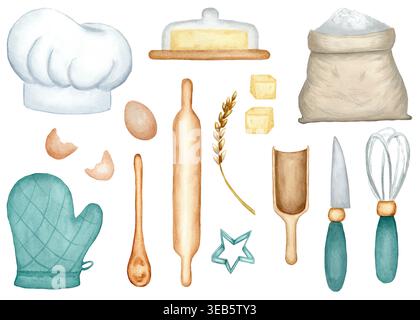 Ustensiles de cuisson et de cuisson avec des ustensiles de cuisine en bois et des accents turquoise. Collection dessinée à la main, y compris les ustensiles de cuisine, Banque D'Images