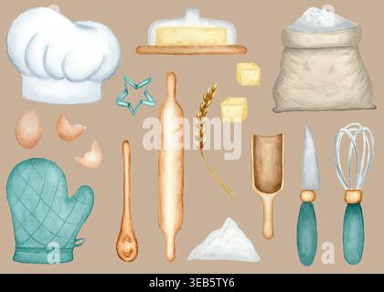 Ustensiles de cuisson et de cuisine avec des outils de cuisine en bois et des accents turquoise sur fond beige. Ustensiles de cuisine de collection dessinés à la main. Banque D'Images