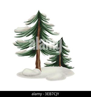 Arbres à feuilles persistantes couverts de neige dans une forêt. Aquarelle illustration hivernale de la nature et des pins. Banque D'Images