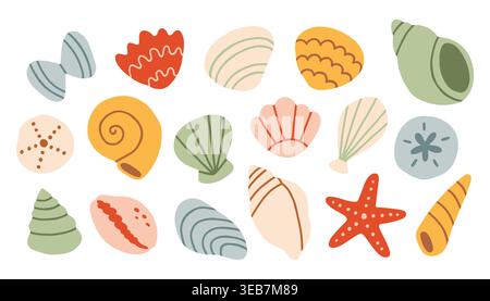 Ensemble vectoriel de coquillages colorés et d'étoiles de mer dans un style plat dessiné à la main. Collection Ocean Beach avec coquilles Saint-Jacques, conque et spirale. Minimaliste Illustration de Vecteur