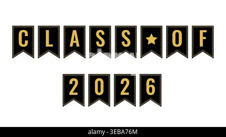 Classe de 2026. Guirlande de drapeaux pour la cérémonie de remise des diplômes. Félicitations aux diplômés affiche de typographie. Modèle vectoriel Illustration de Vecteur