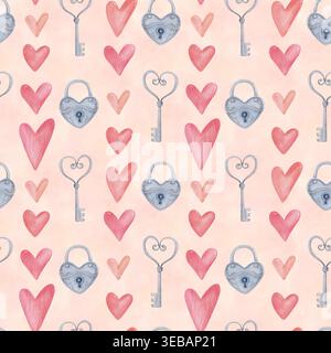 Motif aquarelle valentine sans couture avec clés et serrures en coeur. Confortable fond de symbole romantique vintage mignon pour tissu et papier Banque D'Images