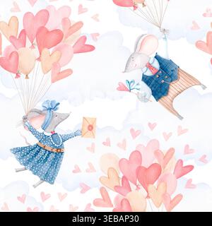 Motif aquarelle valentine sans couture avec des souris mignonnes et des ballons de coeur. Fond d'illustration de ciel romantique dessiné à la main Banque D'Images