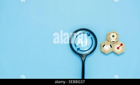 Objectif d'affaires AI et concept de stratégie avec loupe, blocs en bois et icônes de cible. Banque D'Images