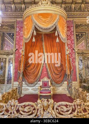 Un intérieur de salle du trône baroque opulent mettant en vedette un trône doré avec un rembourrage en velours rouge positionné sous un baldaquin élaboré avec un orange intense Banque D'Images