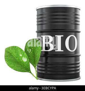 Baril de biocarburant avec feuilles vertes, concept de biocarburant énergie renouvelable et carburant durable. rendu 3d isolé sur fond blanc Banque D'Images