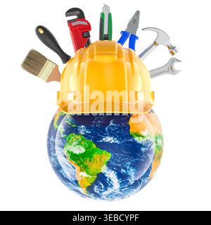 Concept de la fête du travail avec casque et outils globe. rendu 3d isolé sur fond blanc Banque D'Images