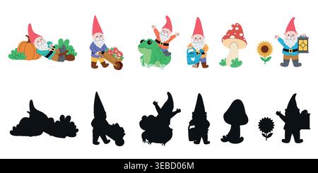 Collection de personnages de gnome de jardin mignons et leurs silhouettes. Fond blanc. Illustration vectorielle. Illustration de Vecteur