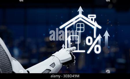 Une main robotique pointe vers un symbole de maison numérique éclatant infusé de signes de pourcentage, illustrant la croissance du marché immobilier par rapport à une ville Banque D'Images