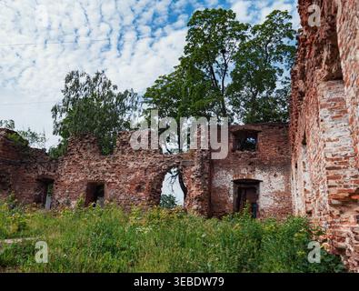 Les murs de briques altérés d'un ancien bâtiment se dressent comme des ruines, entourés d'un feuillage vert vibrant sous un ciel bleu nuageux Banque D'Images