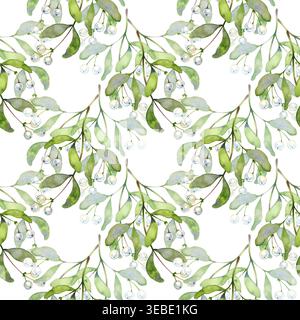 Aquarelle dessinée à la main motif sans couture de branches de gui. Ce motif botanique moody arbore des feuilles vertes douces et un blanc nacré éclatant Banque D'Images