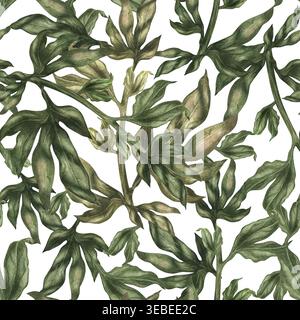 Motif végétal aquarelle dense sans couture avec de riches branches feuillues formant une surface organique texturée. Tons naturels élégants et main détaillée Banque D'Images