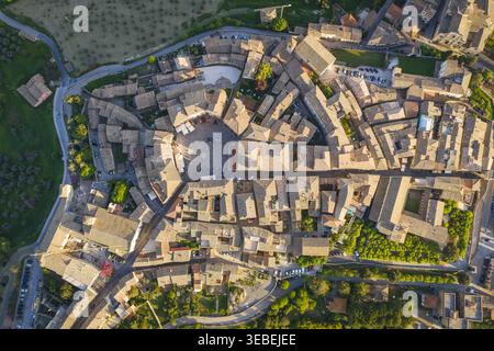 Vue aérienne de la ville historique de Montefalco avec sa place centrale circulaire, ses toits en terre cuite et ses oliveraies environnantes sous un chaud h doré Banque D'Images