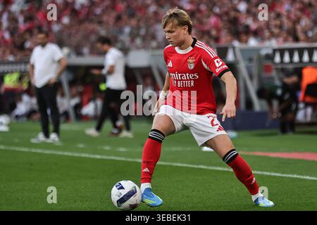 Lisbonne, Portugal. 25 avril 2026. Andreas Schjelderup de SL Benfica lors du match de Liga Portugal Betclic entre SL Benfica et Moreirense FC a joué au Sport Lisboa e Benfica Stadium le 25 avril 2026 à Lisbonne, Portugal. (Photo de Pedro Reis/PRESSINPHOTO) crédit : AGENCE SPORTIVE PRESSINPHOTO/Alamy Live News Banque D'Images