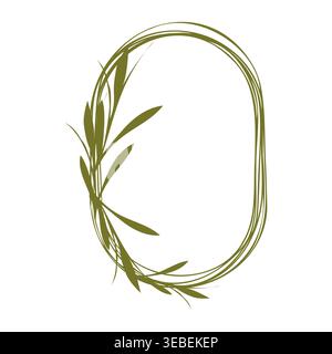 Un élégant cadre ovale est formé par plusieurs fines lignes vertes. Plusieurs feuilles de couleur olive ornent son côté gauche, créant un design botanique simple, naturel et décoratif. Illustration de Vecteur