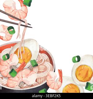 Cadre aquarelle dessiné à la main avec nouilles asiatiques, œufs, crevettes et oignons verts Banque D'Images