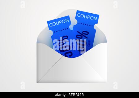 Coupons de réduction bleus dans une enveloppe blanche ouverte représentant des concepts de vente et d'offre spéciale. Illustration vectorielle Illustration de Vecteur