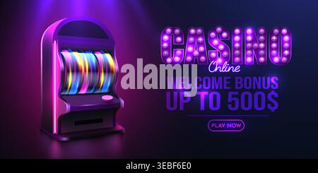Machine à sous casino Neon avec offre de bonus de bienvenue en ligne. Bannière de jeu violette brillante. Illustration vectorielle Illustration de Vecteur