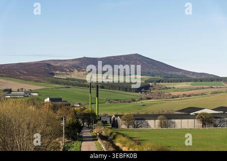 Ben Rinnes Mountain se dresse au loin. Ci-dessous se trouvent des champs verdoyants, des bâtiments de ferme et une route étroite menant à la montagne. Banque D'Images