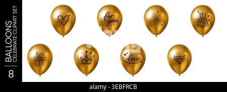 Ensemble de ballons holographiques dorés avec des icônes festives et lettrage pour la célébration de fête et des motifs décoratifs Illustration de Vecteur