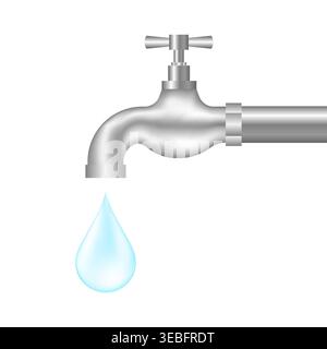 Robinet d'eau ou robinet avec goutte d'eau. Concept Save Water. Illustration vectorielle isolée sur fond blanc. Illustration de Vecteur