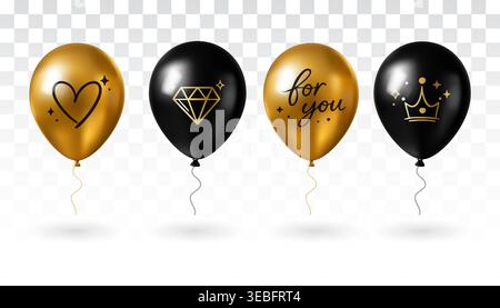Ensemble de ballons holographiques noirs et dorés pour la célébration de fête avec des symboles d'amour couronne de diamant Illustration de Vecteur