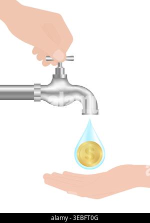 Robinet d'eau avec goutte d'eau et pièce. Concept d'épargne et d'investissement. Illustration vectorielle. Illustration de Vecteur