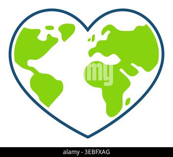 Dessin de dessin animé de la planète Terre en forme de coeur simple. Illustration clip art vectorielle de nature et d'écologie. Élément de conception d'affiche pour le jour de la Terre. Illustration de Vecteur