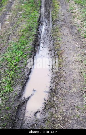 Des traces profondes de pneus boueuses remplies d'eau de pluie à l'extérieur Banque D'Images