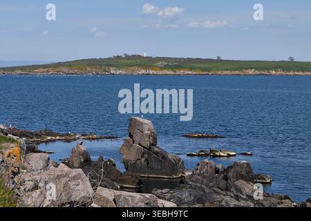 La côte rocheuse présente de grands rochers et une eau bleue tranquille, avec une île verte et un phare visibles au loin sous un ciel clair Banque D'Images