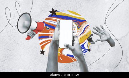 Collage créatif montrant les mains, le mégaphone et le téléphone en action avec fond coloré Banque D'Images