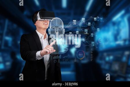 Un professionnel des affaires s'engage avec une technologie avancée de réalité virtuelle pour une analyse efficace des données et des stratégies de marketing utilisant artificiel Banque D'Images