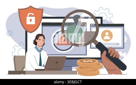 Attraper un escroc en ligne. Femme s'assoit à l'ordinateur portable et regarde le voleur à travers la loupe. Cybercriminalité et criminalité sur Internet. Un escroc vole Illustration de Vecteur